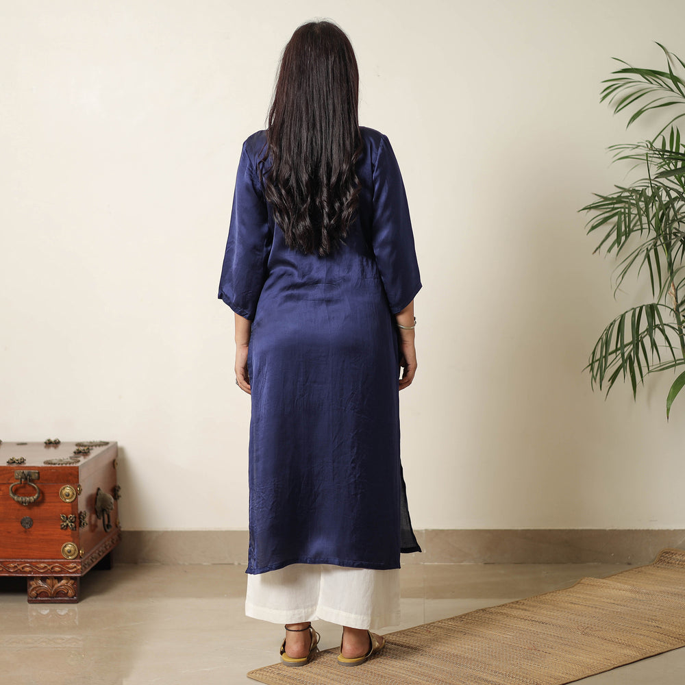 Blue - Plain Modal Silk Straight Kurta with Ajrakh Pintuck Patchwork 12