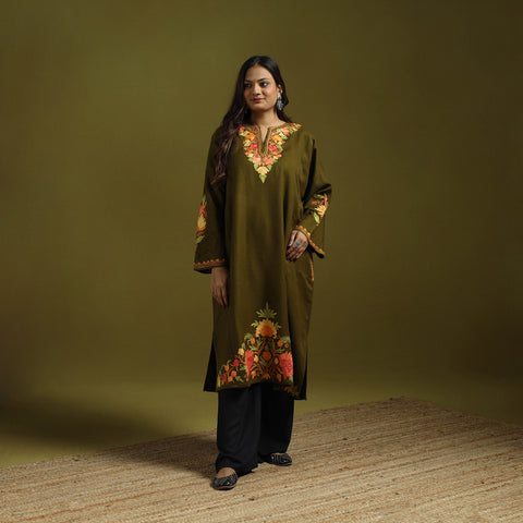 Pink - Handwoven Aari Embroidered Kashmiri Merino Wool Pheran 12