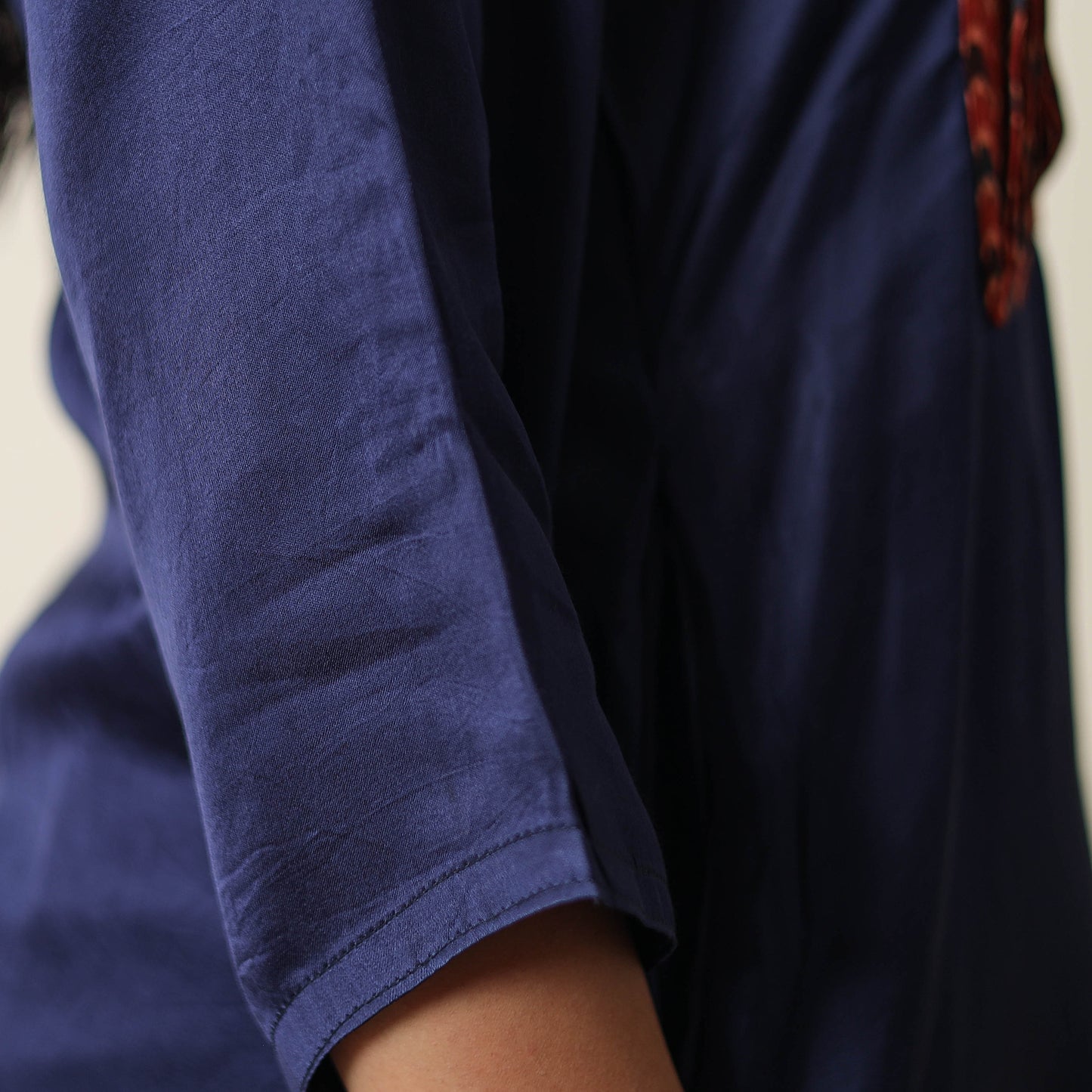 Blue - Plain Modal Silk Straight Kurta with Ajrakh Pintuck Patchwork 12