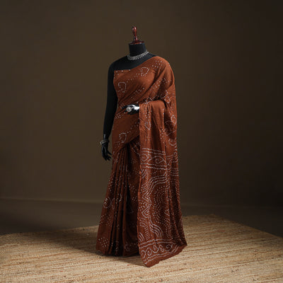 Brown - Kutch Tie-Dye Pure Mul Cotton Rai Bandhani Saree with Blouse Piece 04