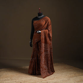 Brown - Kutch Tie-Dye Pure Mul Cotton Rai Bandhani Saree with Blouse Piece 04
