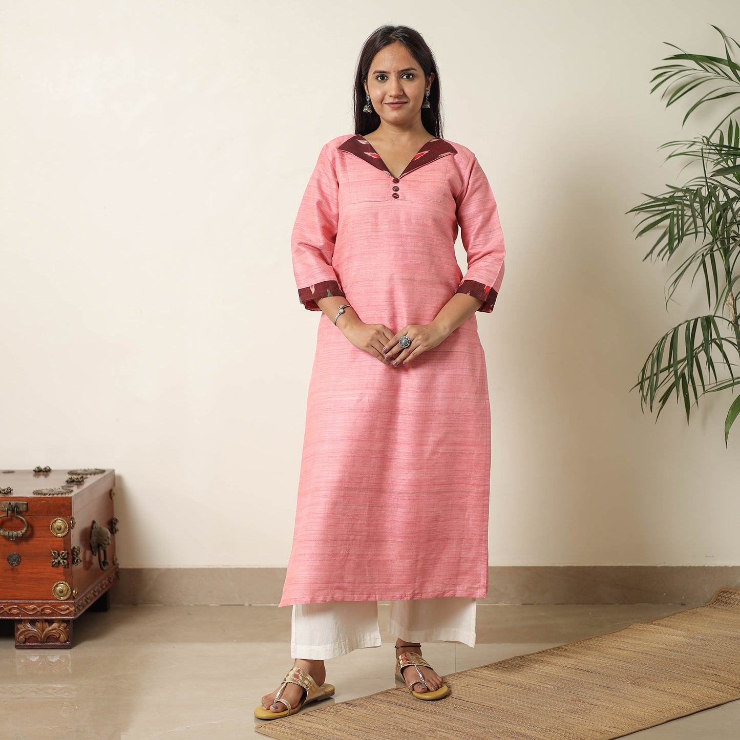 Pink - Bhagalpuri Handwoven Desi Tussar Silk Straight Kurta 10