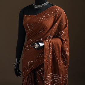 Brown - Kutch Tie-Dye Pure Mul Cotton Rai Bandhani Saree with Blouse Piece 04