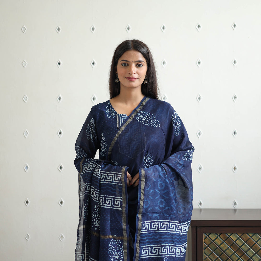 Blue - Chanderi Silk Indigo Bagru Block Print Kurta Set 03