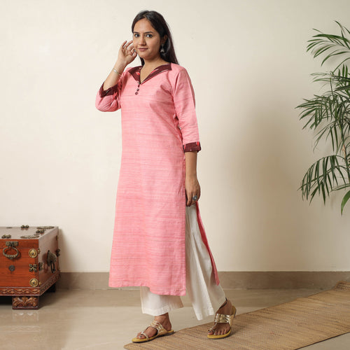 Pink - Bhagalpuri Handwoven Desi Tussar Silk Straight Kurta 10