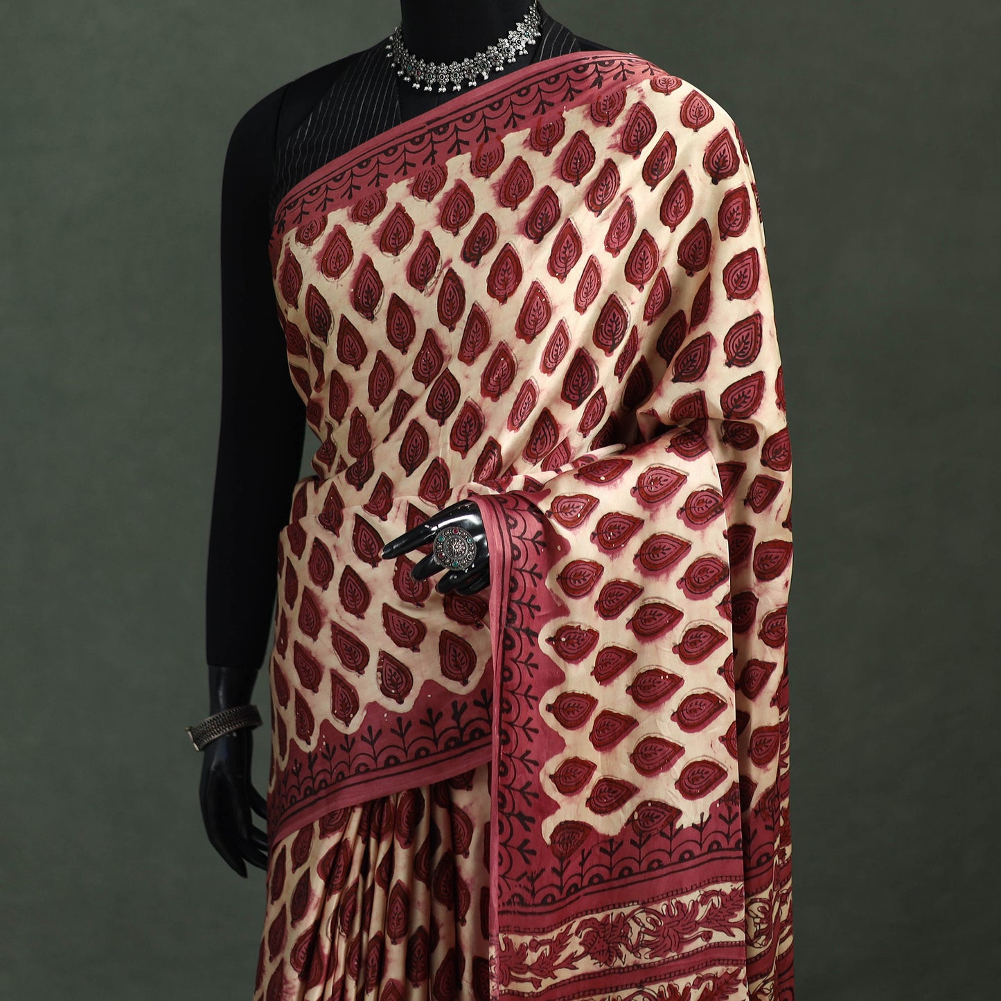 Bagru Hand Block Print Natural Dyed Modal Silk Saree 01