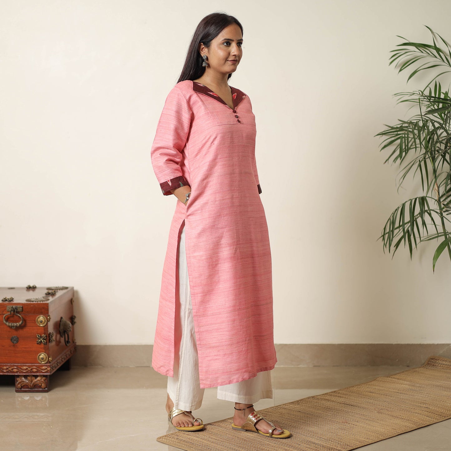 Pink - Bhagalpuri Handwoven Desi Tussar Silk Straight Kurta 10