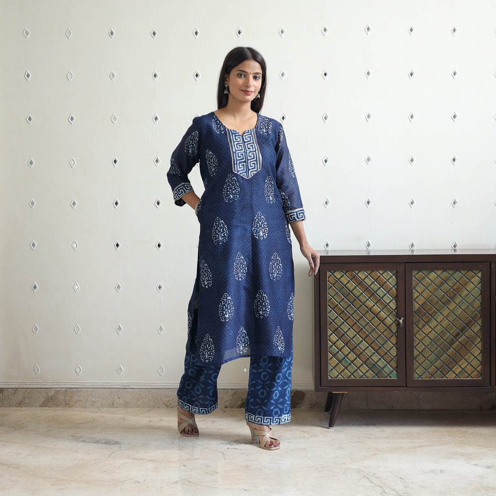 Blue - Chanderi Silk Indigo Bagru Block Print Kurta Set 03