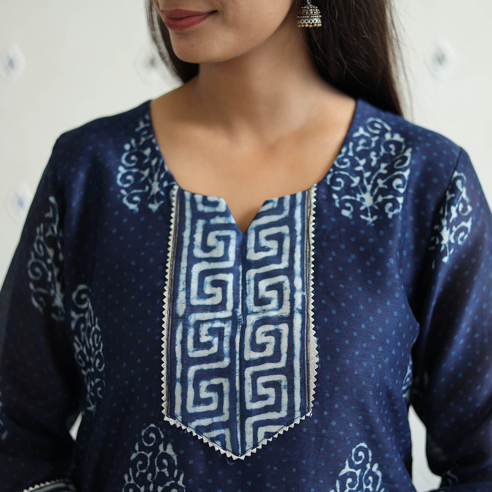 Blue - Chanderi Silk Indigo Bagru Block Print Kurta Set 03