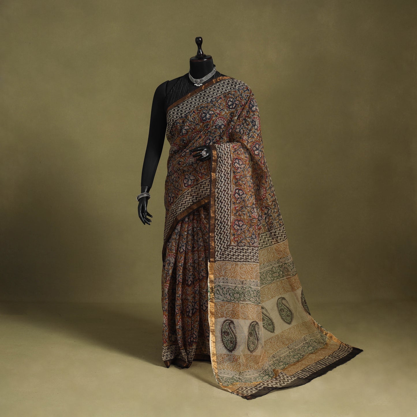 Brown - kota doria cotton bagru saree 31 - handcrafted