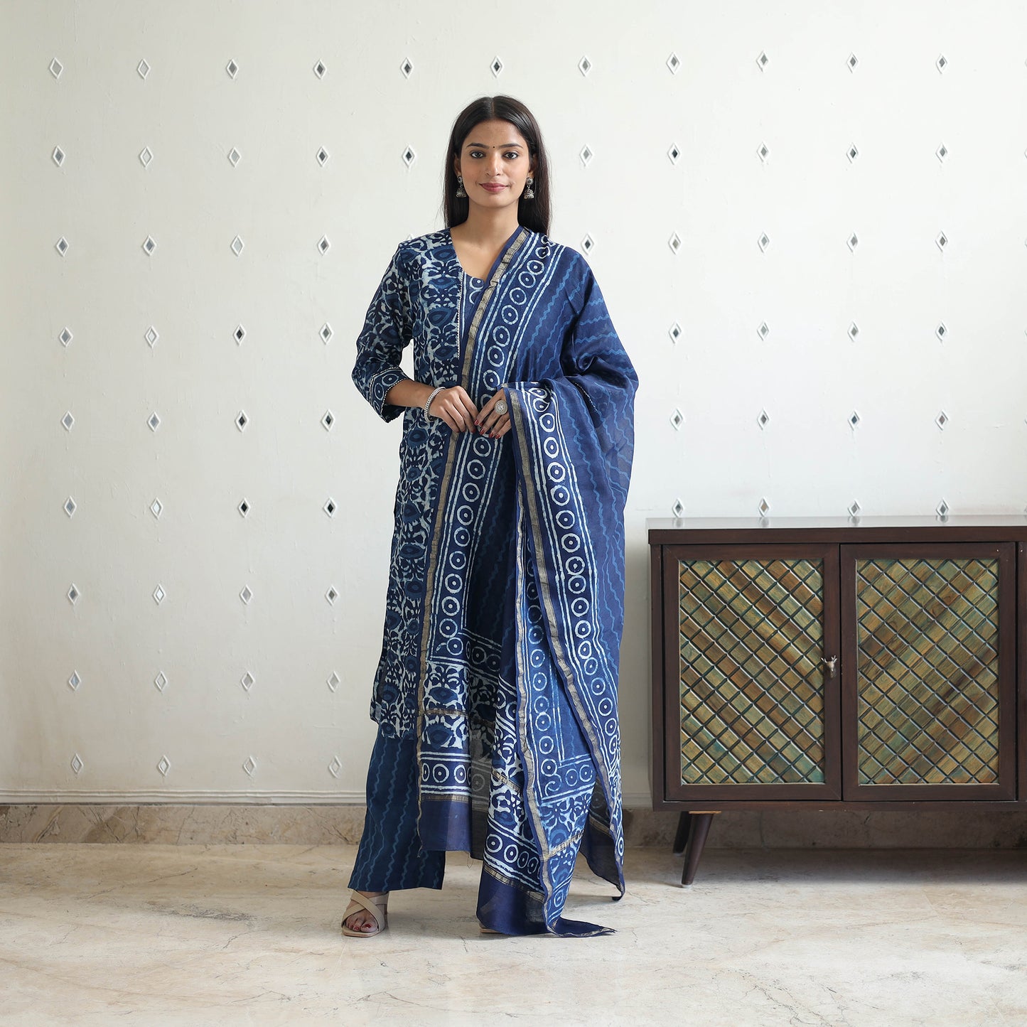 Blue - Chanderi Silk Indigo Bagru Block Print Kurta Set 02