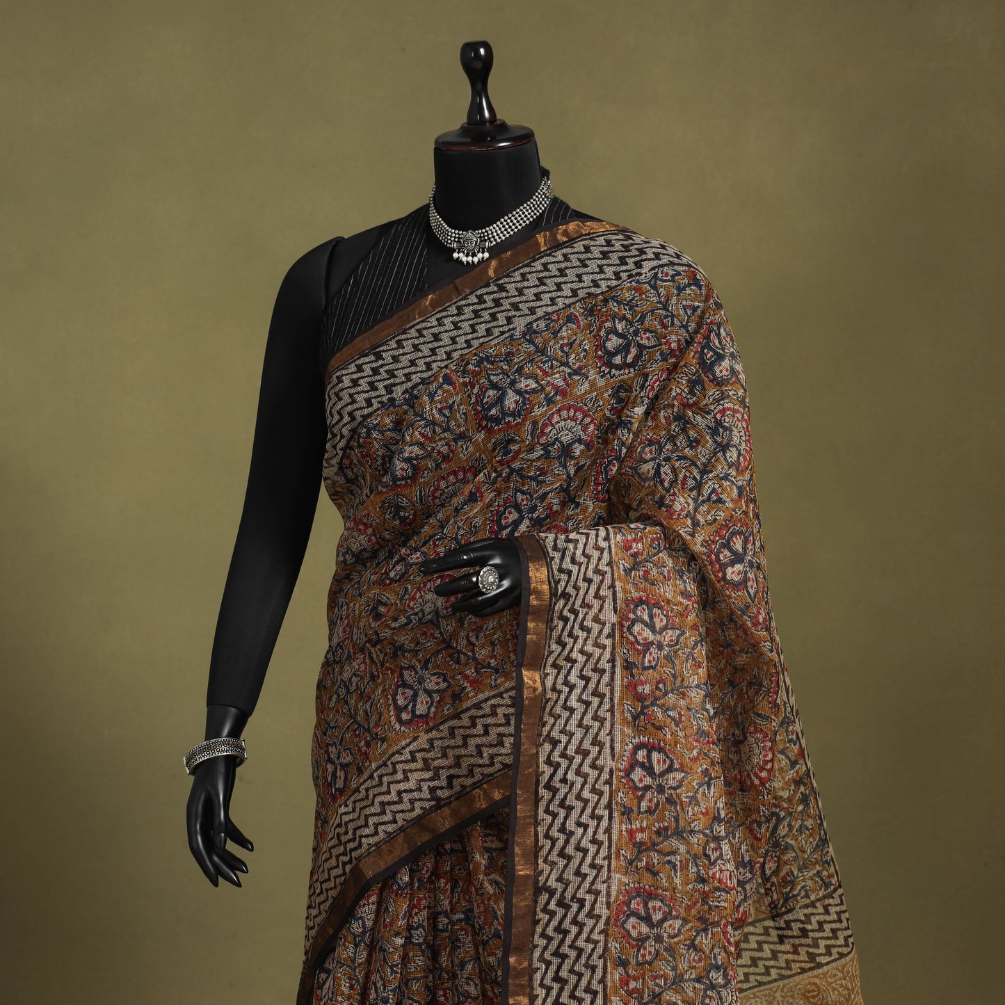 Brown - kota doria cotton bagru saree 31 - handcrafted