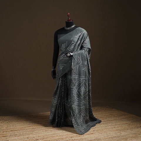 Grey - Kutch Tie-Dye Pure Mul Cotton Rai Bandhani Saree with Blouse Piece 06