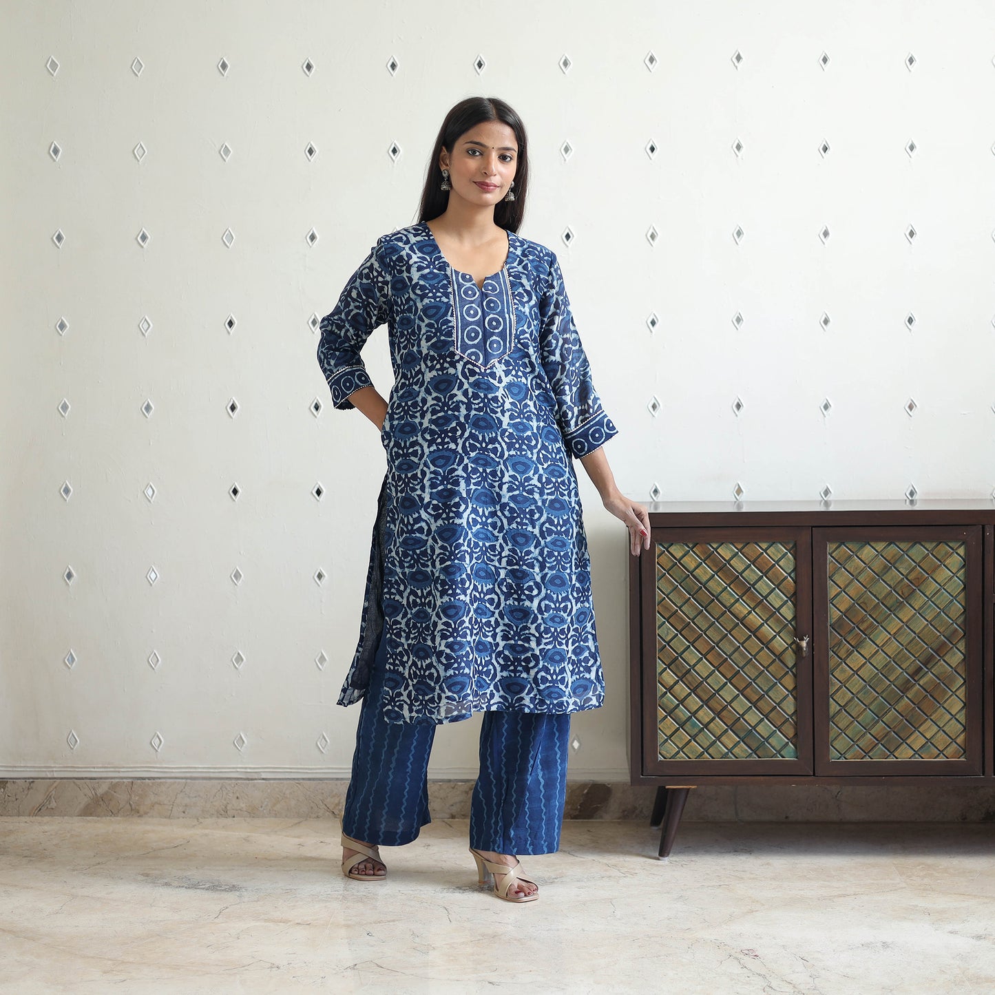 Blue - Chanderi Silk Indigo Bagru Block Print Kurta Set 02