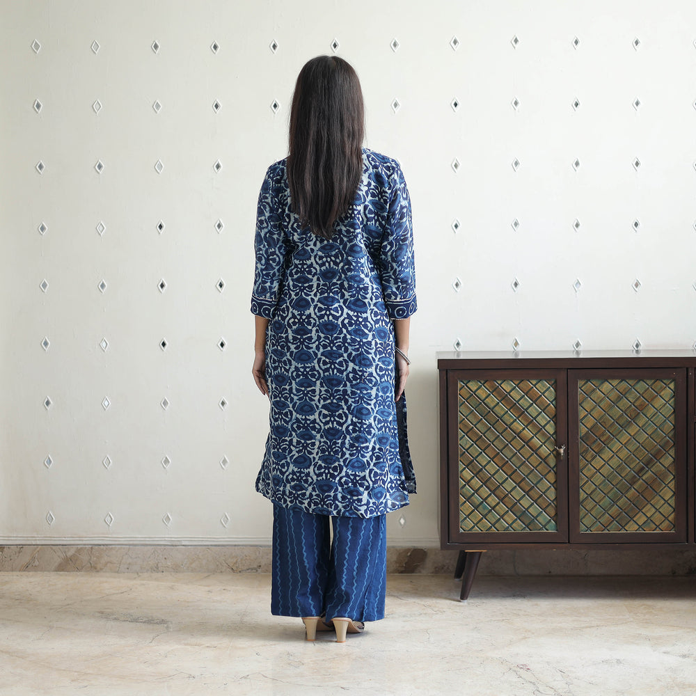 Blue - Chanderi Silk Indigo Bagru Block Print Kurta Set 02