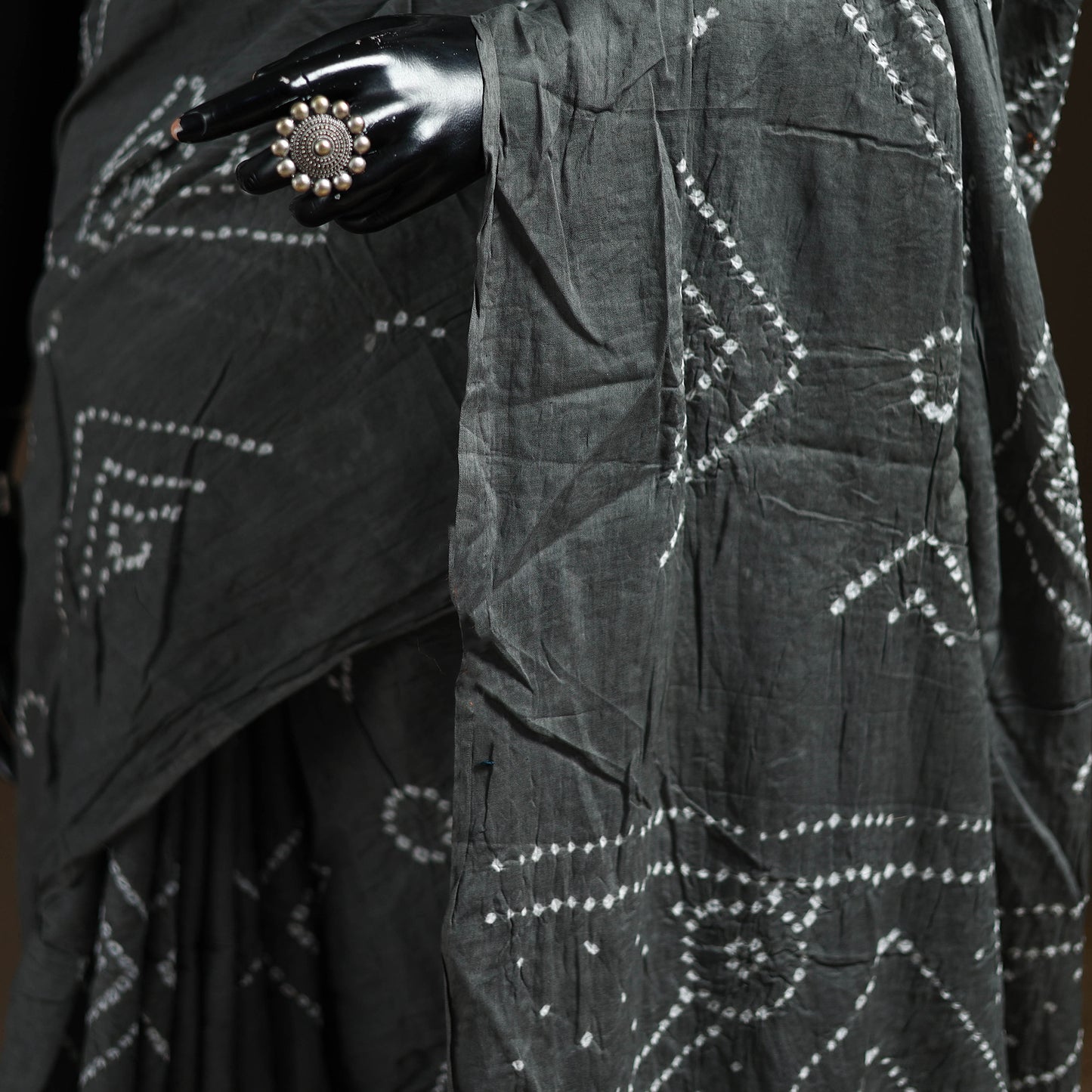 Grey - Kutch Tie-Dye Pure Mul Cotton Rai Bandhani Saree with Blouse Piece 06