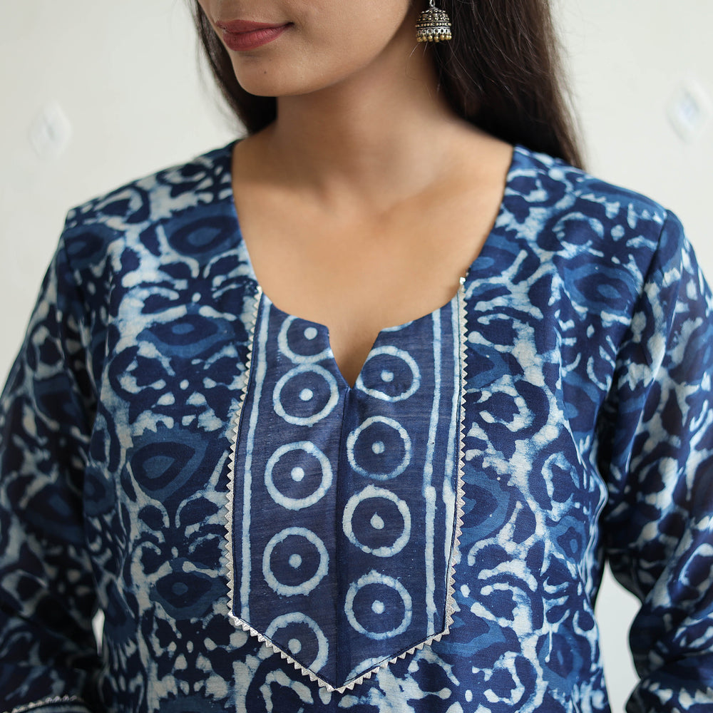 Blue - Chanderi Silk Indigo Bagru Block Print Kurta Set 02