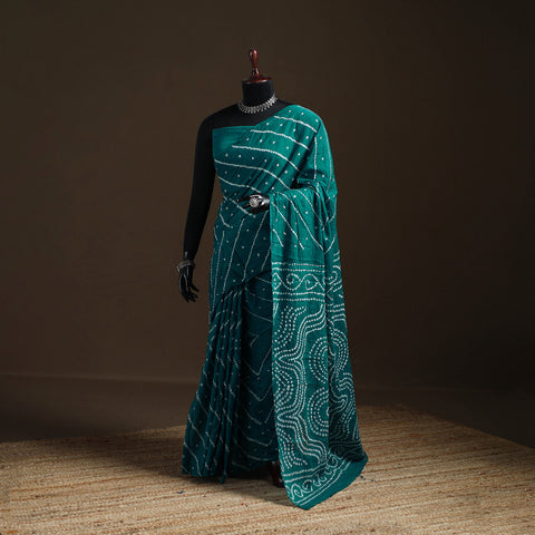 Green - Kutch Tie-Dye Pure Mul Cotton Rai Bandhani Saree with Blouse Piece 07