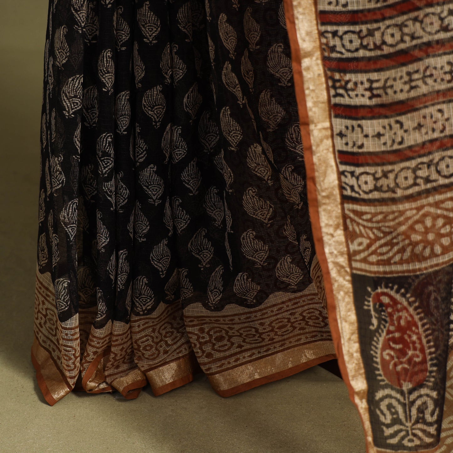 Black - kota doria cotton bagru saree 32 - handcrafted