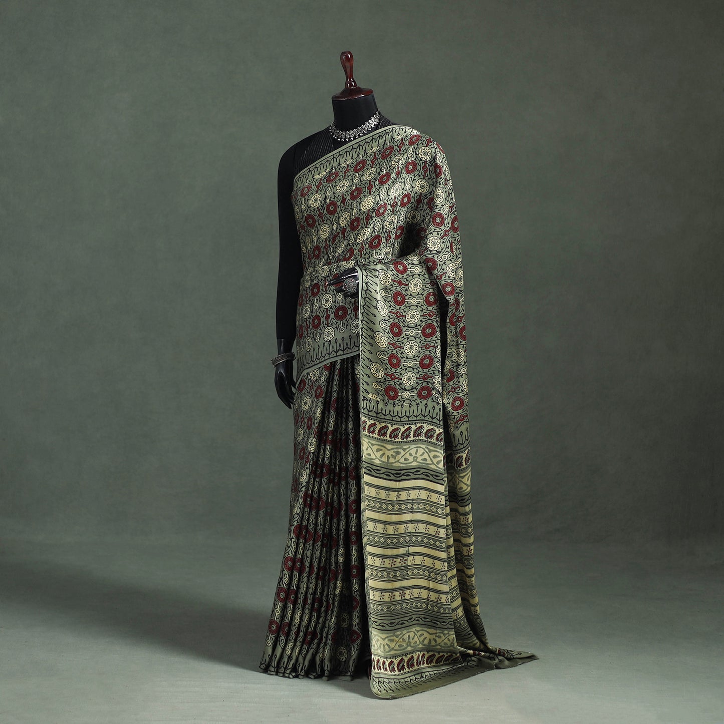 Bagru Hand Block Print Natural Dyed Modal Silk Saree 04