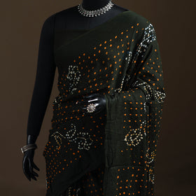 Green - Kutch Tie-Dye Pure Mul Cotton Rai Bandhani Saree with Blouse Piece 08