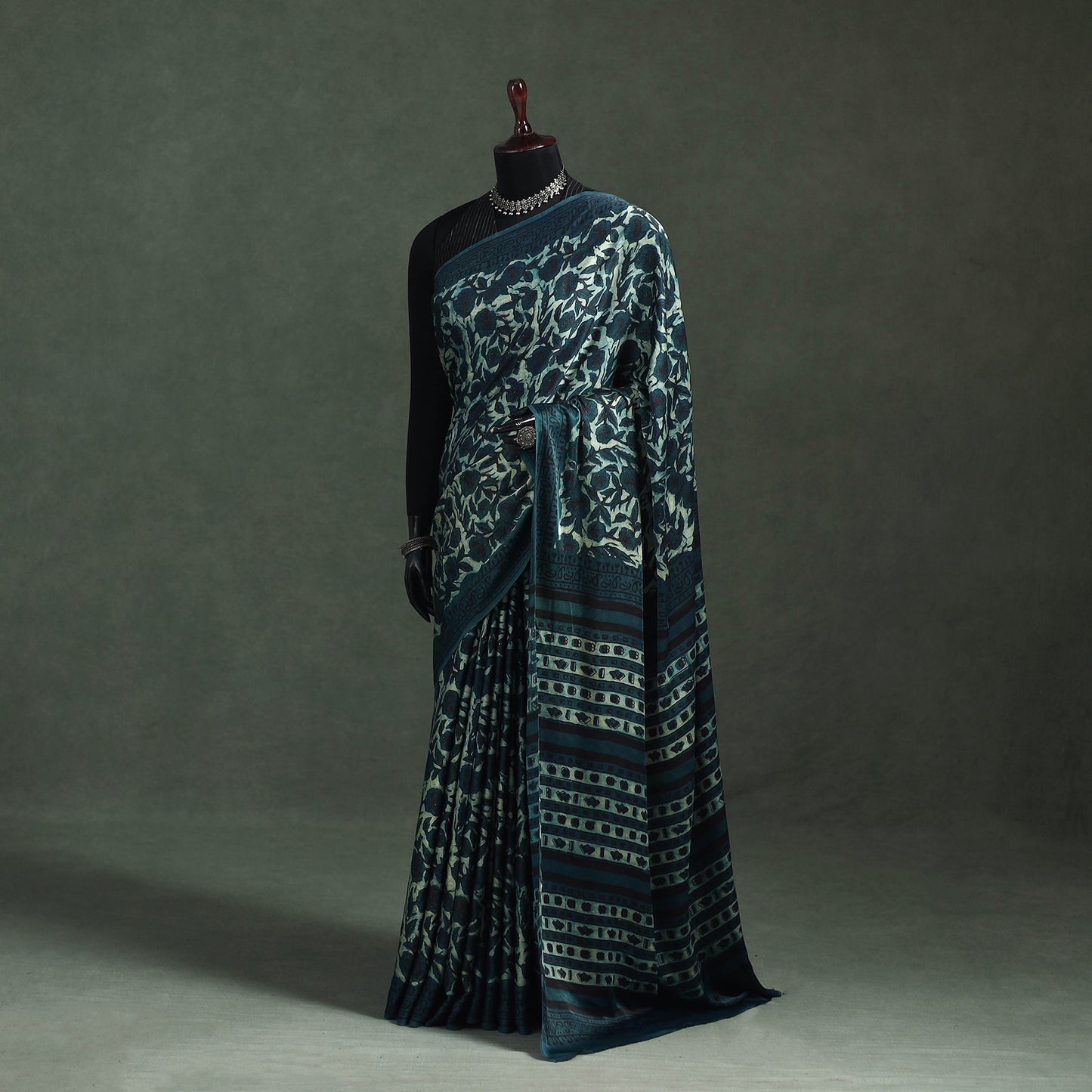 Bagru Hand Block Print Natural Dyed Modal Silk Saree 06