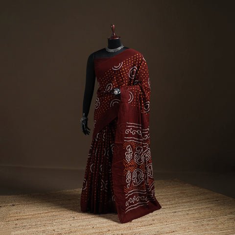 Maroon - Kutch Tie-Dye Pure Mul Cotton Rai Bandhani Saree with Blouse Piece 09