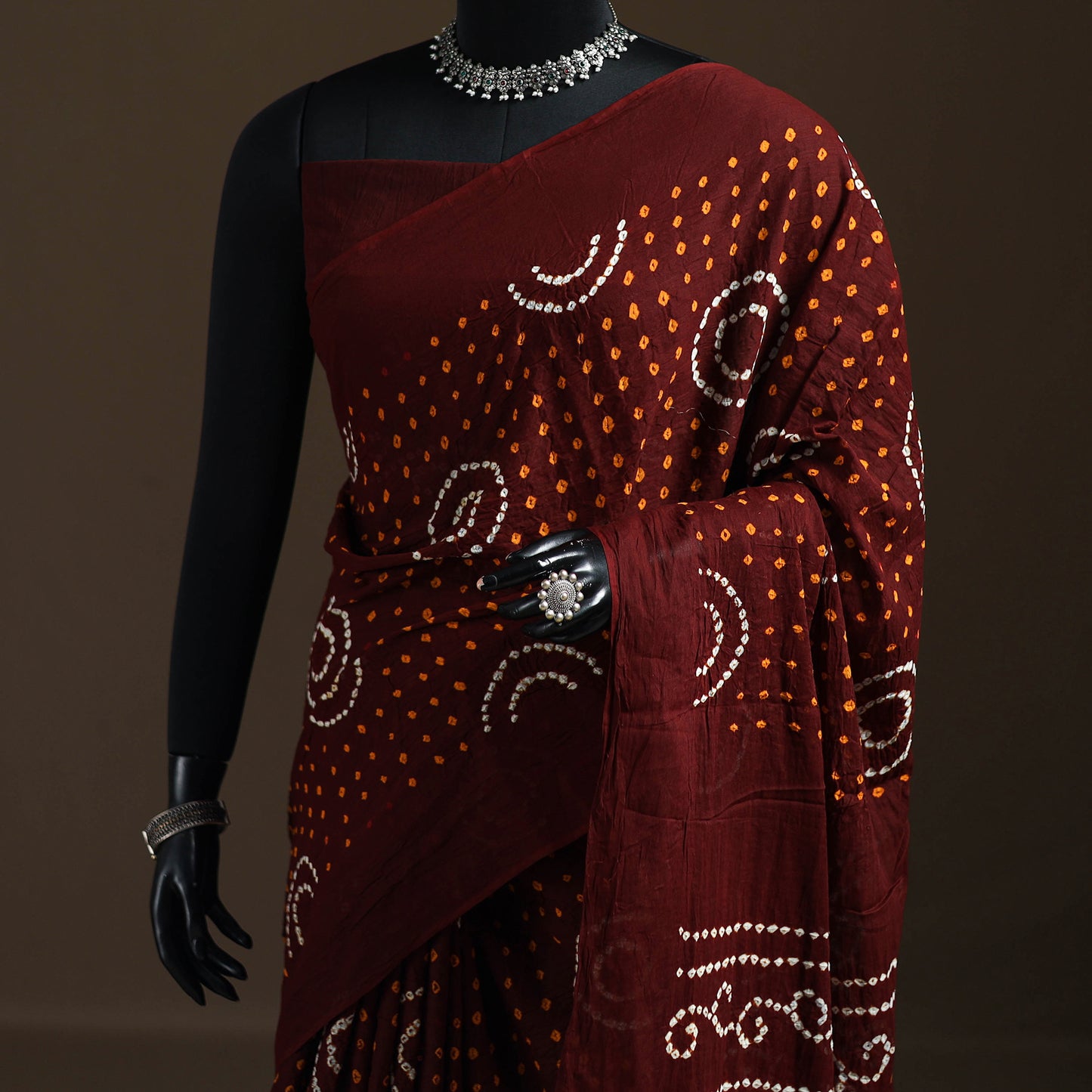 Maroon - Kutch Tie-Dye Pure Mul Cotton Rai Bandhani Saree with Blouse Piece 09