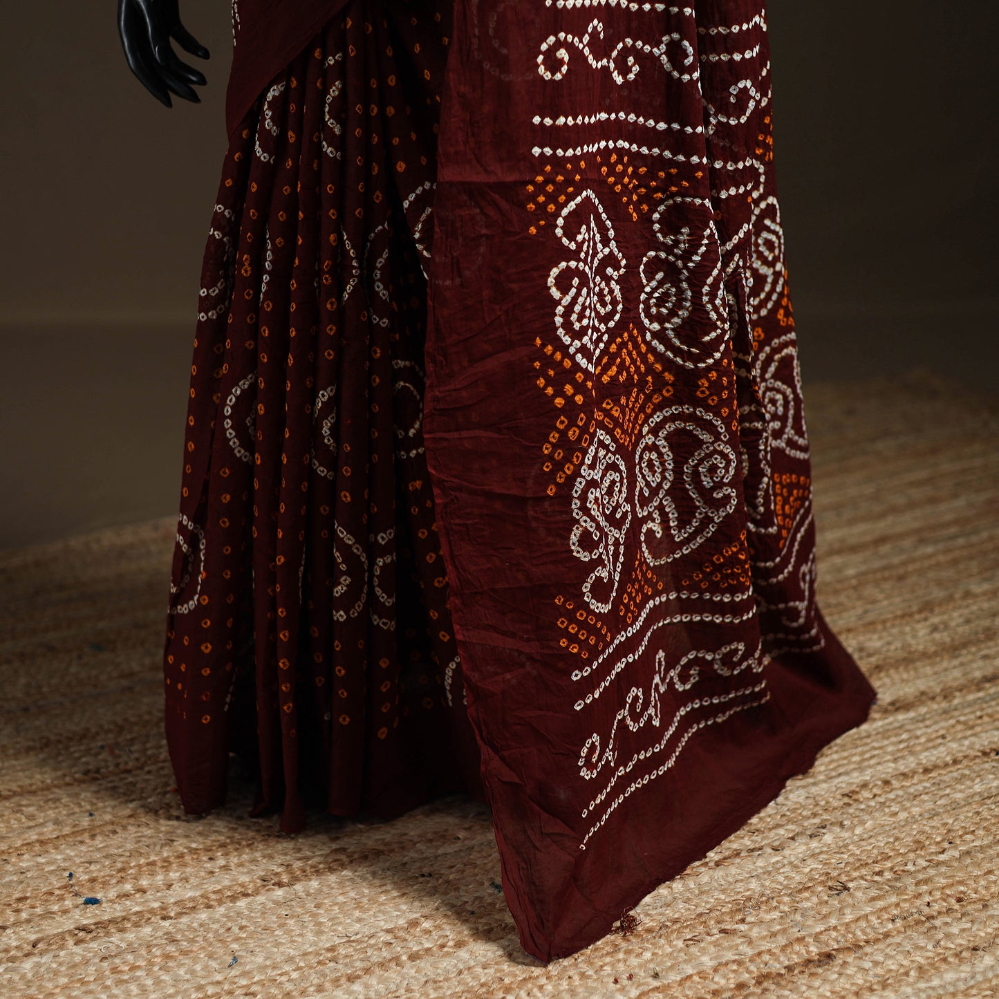 Maroon - Kutch Tie-Dye Pure Mul Cotton Rai Bandhani Saree with Blouse Piece 09