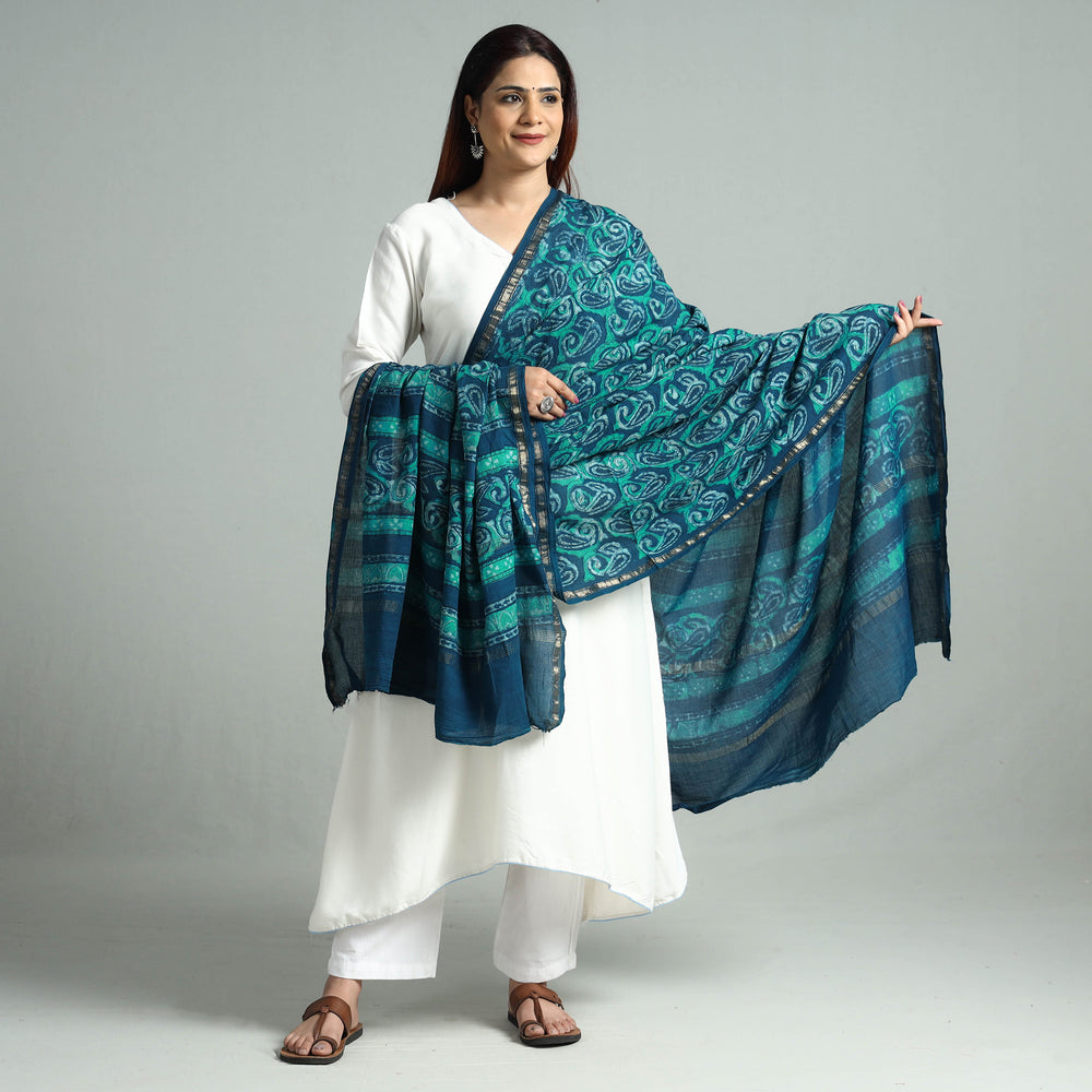 Green - Akola Block Printed Cotton Zari Border Dupatta 30