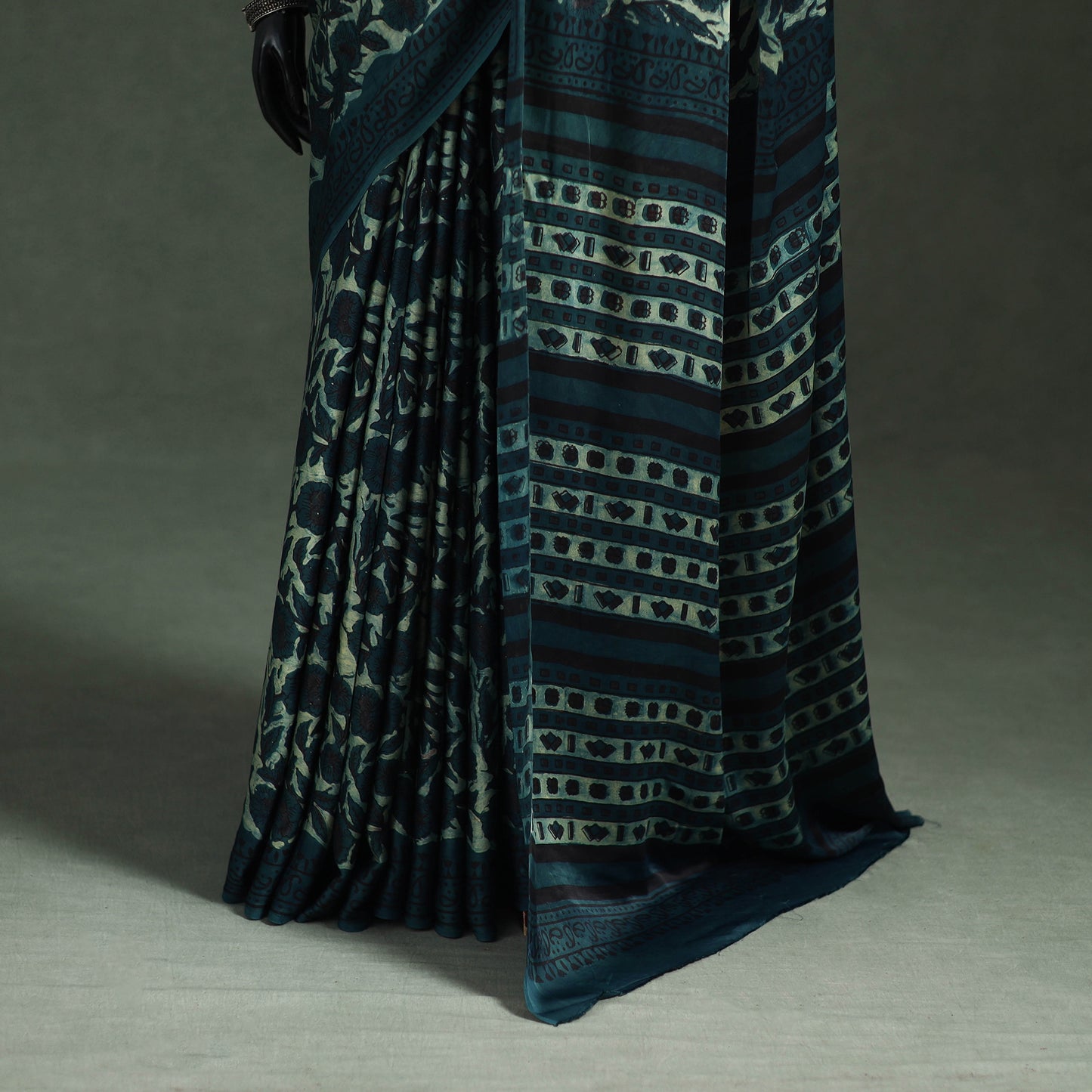 Bagru Hand Block Print Natural Dyed Modal Silk Saree 06