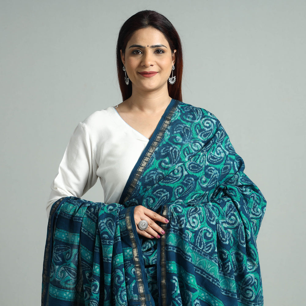 Green - Akola Block Printed Cotton Zari Border Dupatta 30