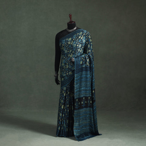 Bagru Hand Block Print Natural Dyed Modal Silk Saree 07
