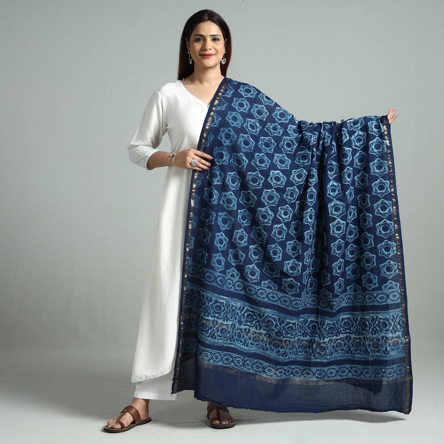 Blue - Akola Block Printed Cotton Zari Border Dupatta 31