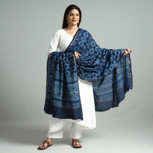 Blue - Akola Block Printed Cotton Zari Border Dupatta 31