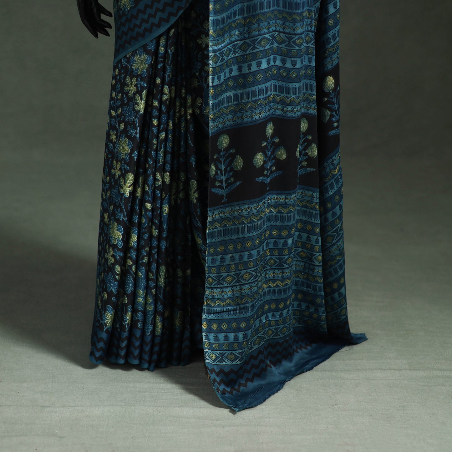 Bagru Hand Block Print Natural Dyed Modal Silk Saree 07