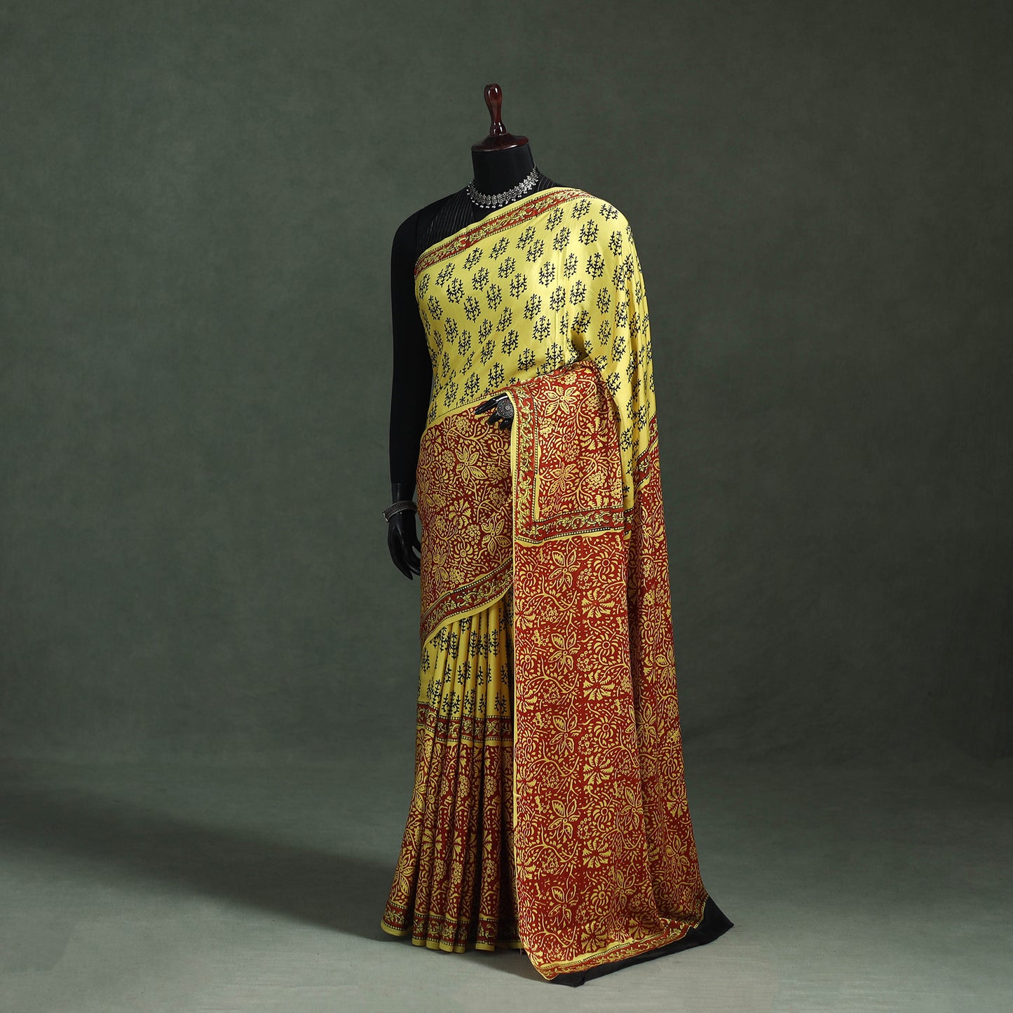 Bagru Hand Block Print Natural Dyed Modal Silk Saree 09