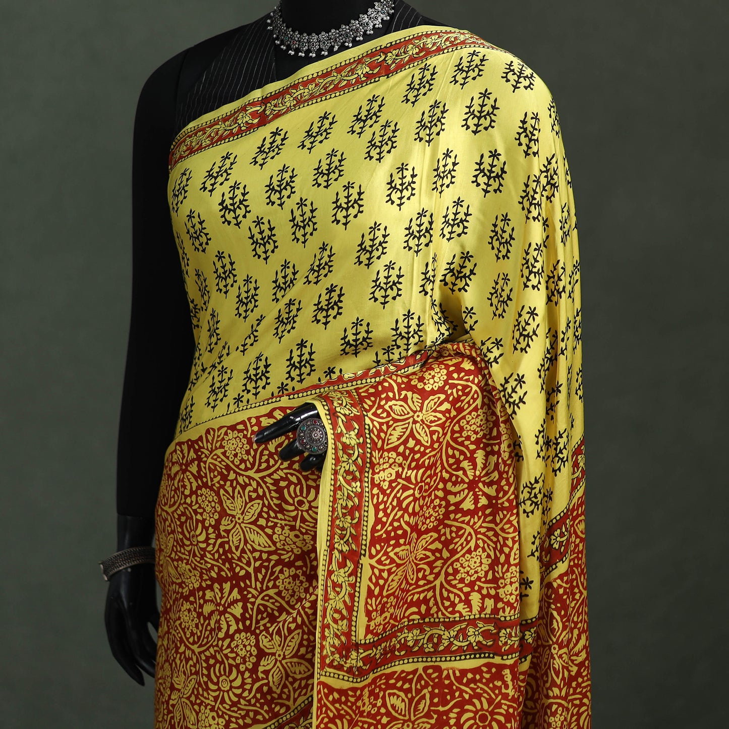 Bagru Hand Block Print Natural Dyed Modal Silk Saree 09