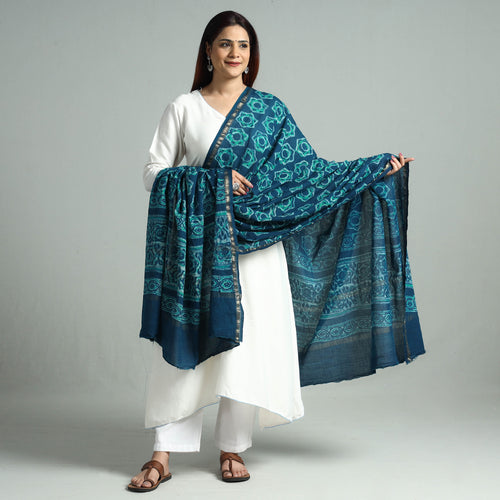 Blue - Akola Block Printed Cotton Zari Border Dupatta 33