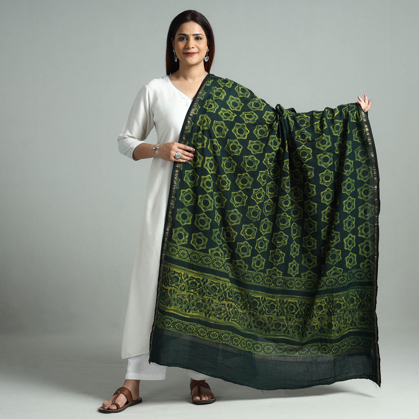 Green - Akola Block Printed Cotton Zari Border Dupatta 34