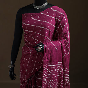 Purple - Kutch Tie-Dye Pure Mul Cotton Rai Bandhani Saree with Blouse Piece 13