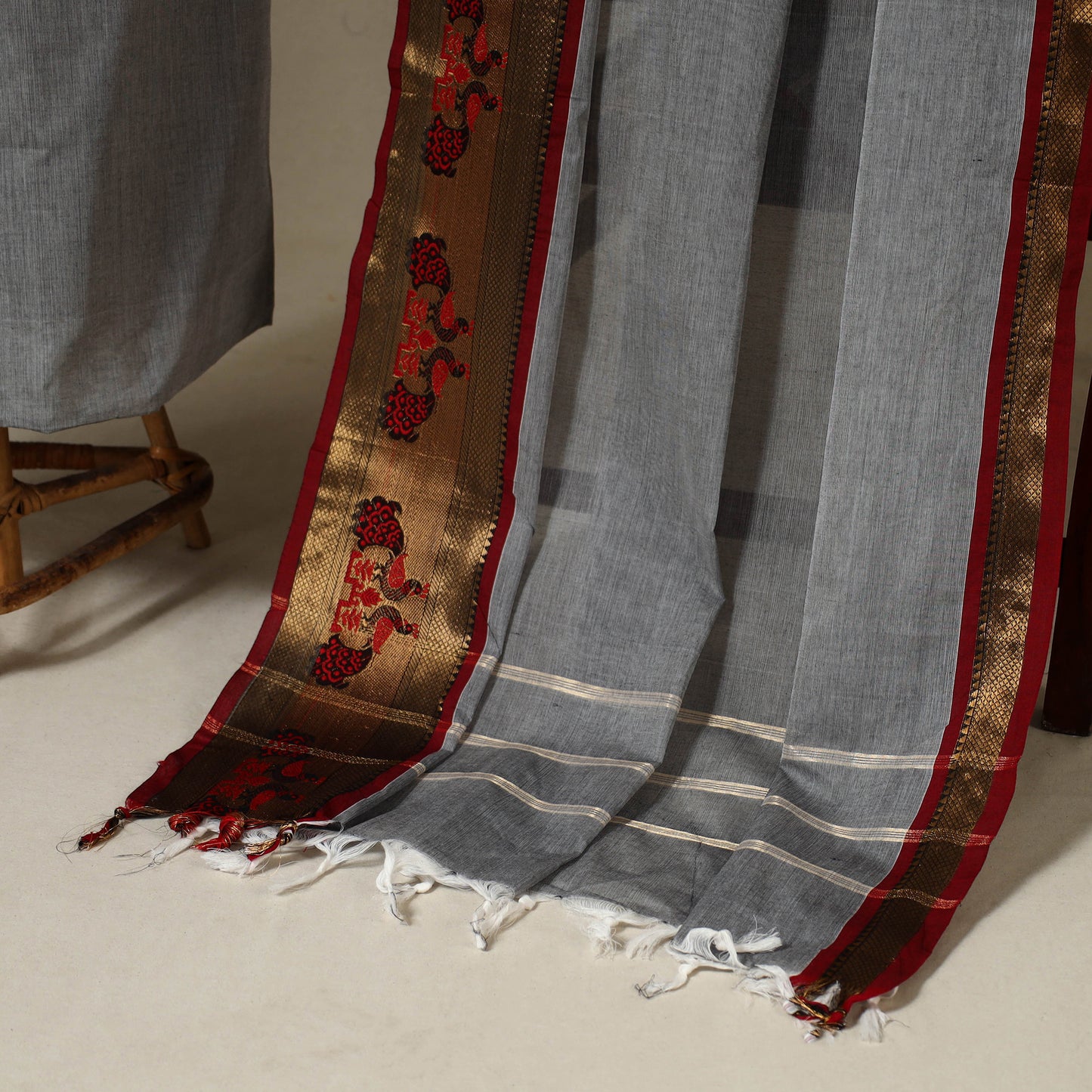 Grey 2pc Kandangi Chettinad Dress Material with Jewellery Set