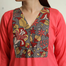  Srikalahasti Kalamkari Patchwork Plain Linen Cotton Long Kurta 