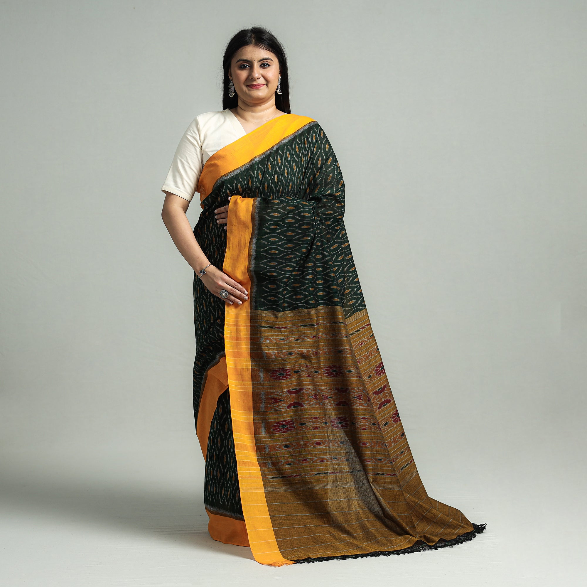 Mustard Yellow Tussar Silk Sambalpuri Saree with Ikat Blouse - Crafts  Collection