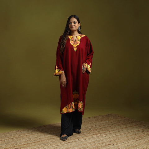 Pink - Handwoven Aari Embroidered Kashmiri Merino Wool Pheran 18