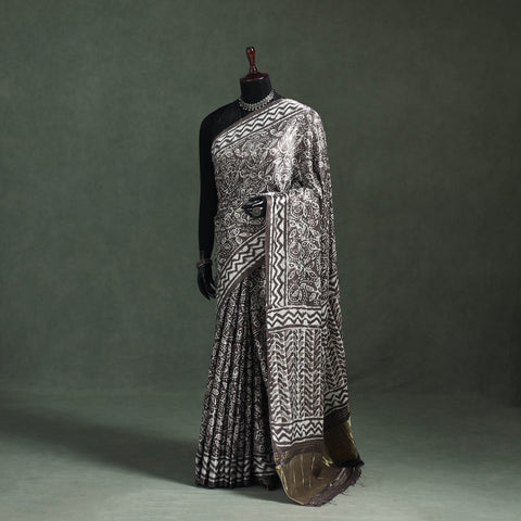 Bagru Hand Block Print Natural Dyed Modal Silk Saree 12