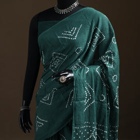 Green - Kutch Tie-Dye Pure Mul Cotton Rai Bandhani Saree with Blouse Piece 15