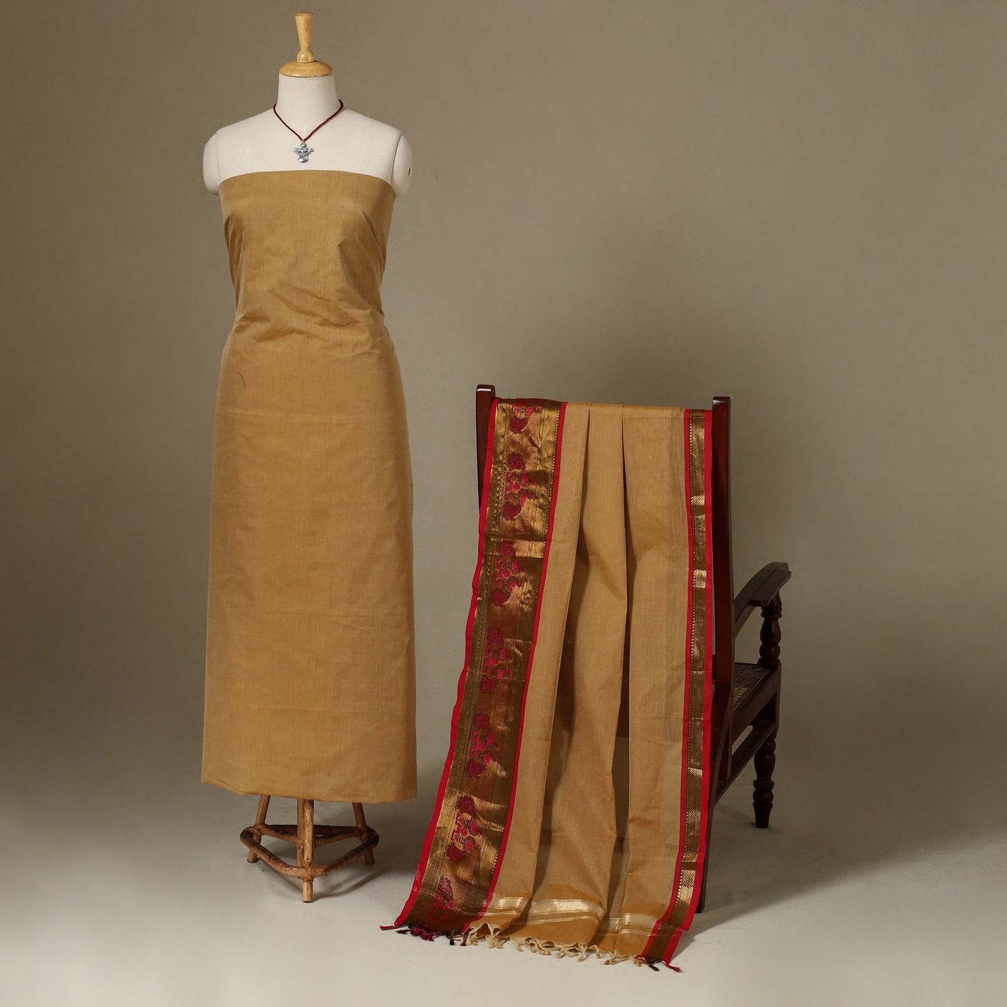 Brown 2pc Kandangi Chettinad Dress Material with Jewellery Set