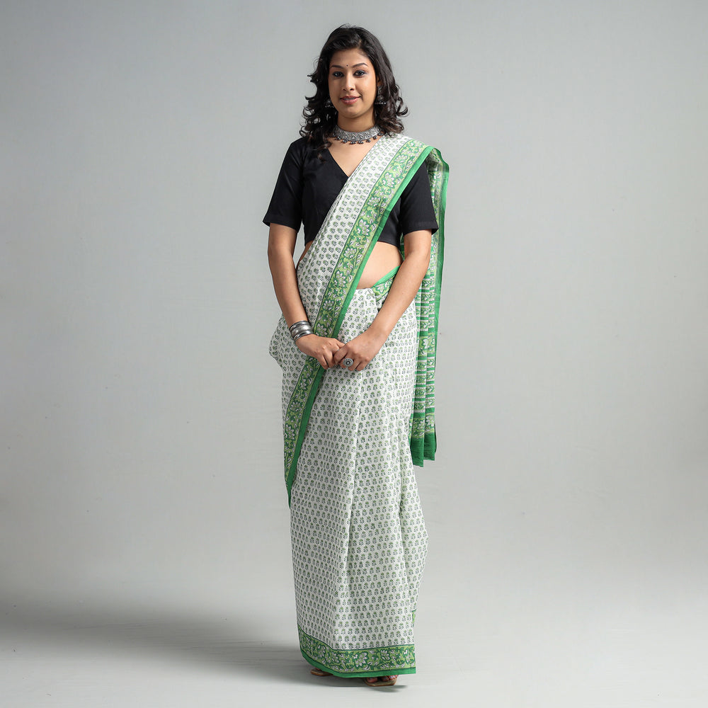 Green - Sanganeri Block Printed Mul Cotton Saree