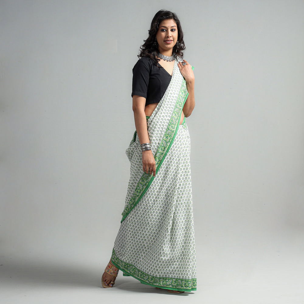 Green - Sanganeri Block Printed Mul Cotton Saree